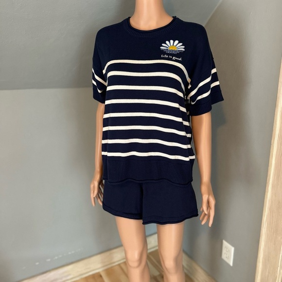Life is Good Navy Striped Knit Lounge Set - Short Sleeve Top & Shorts, Size S - Picture 3 of 7